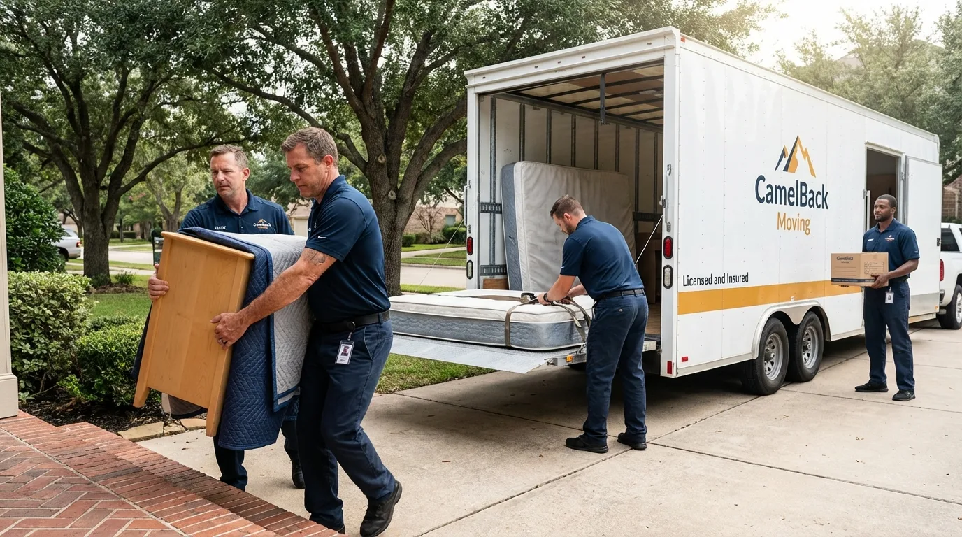 Crew loading residential truck for cross-state move from Orland, ME