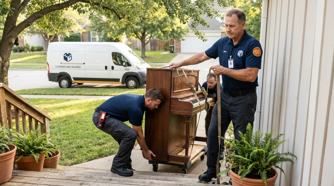 Licensed piano movers securing grand piano in Orland, ME