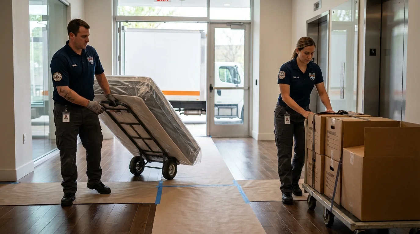 Professional apartment movers loading elevator in Orland, ME