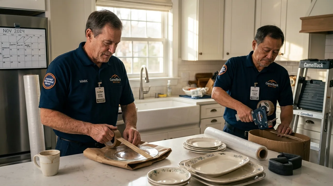 Professional crew packing kitchen dishware in Orland, ME